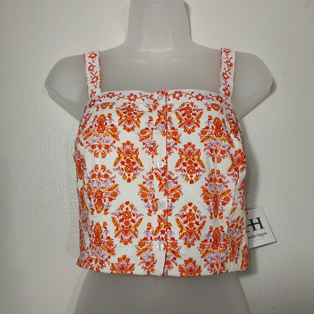 NWT Haute Hippie Sleeveless Floral Crop Top 100% Cotton Orange White - Large - Picture 2 of 9